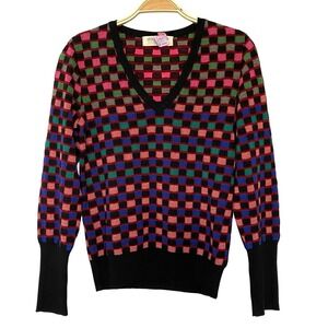 Anthropologie Aldomartins 80s Wool Blend Check Sweater Women XS Rainbow Clueless